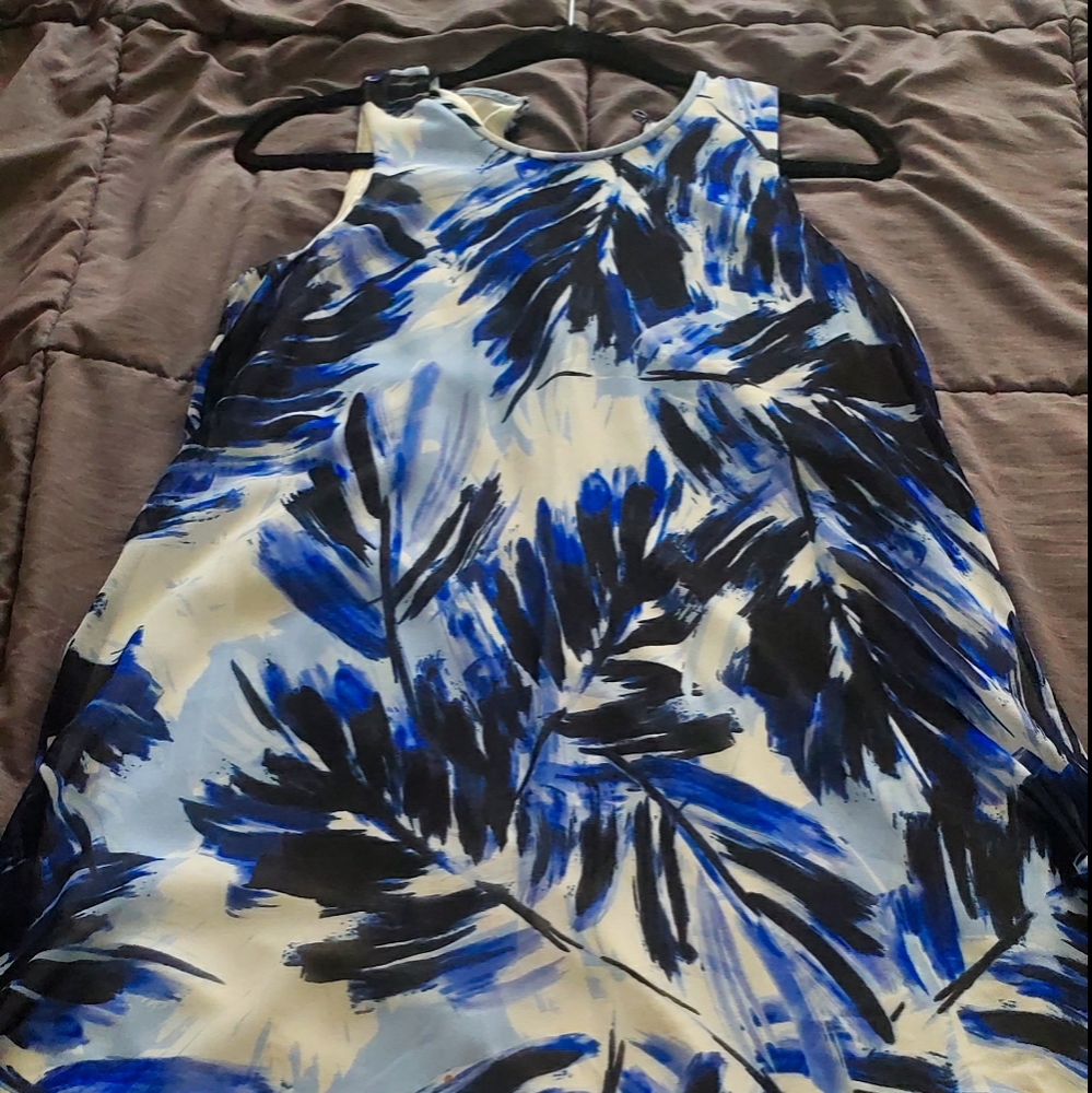 Calvin Klein Blue/Black Palm Leaf Flowy Dress